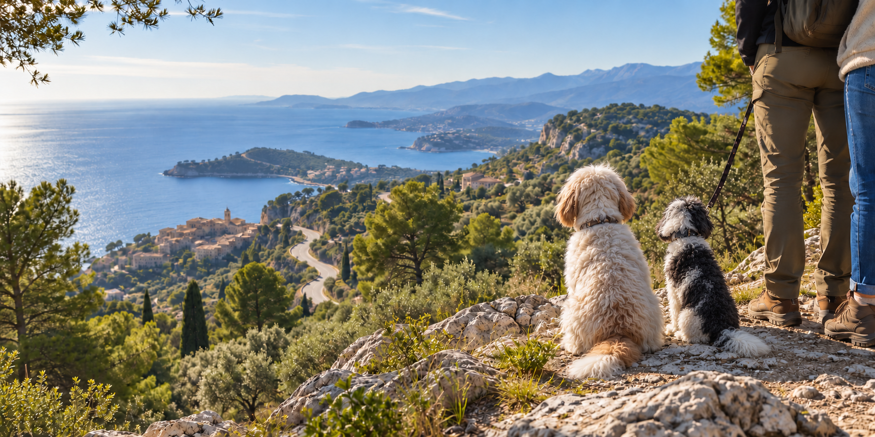 Sfeerbeeld van onze lichte en zwart-witte Aussiedoodle die met hun baasjes uitkijken over een groene mediterrane kust