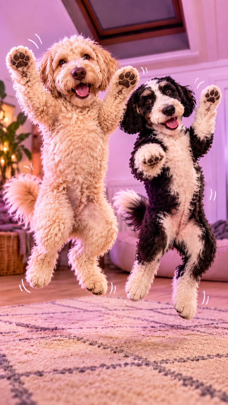 Speels portret van onze twee Aussiedoodles met hun pootjes omhoog
